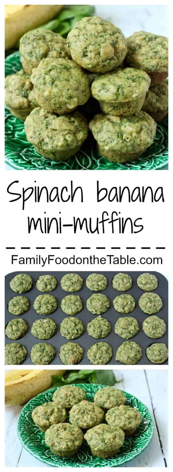 Spinach-banana mini muffins are 100% whole grain and a baby, toddler and kid favorite. They make a perfect school lunch and the extras freeze beautifully | FamilyFoodontheTable.com