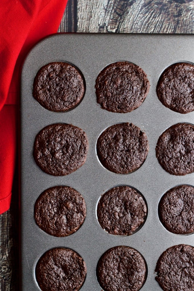 Healthy double chocolate mini cupcakes baked in a mini muffin tin