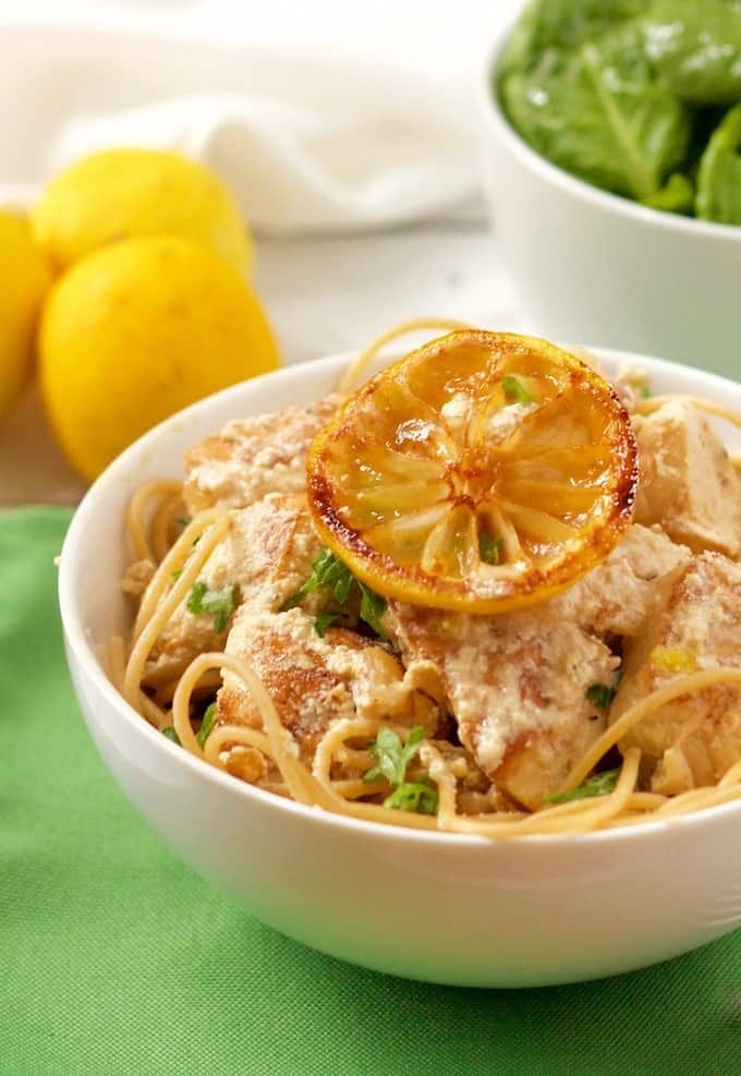 Creamy lemon chicken spaghetti has a light but luscious goat cheese sauce | FamilyFoodontheTable.com