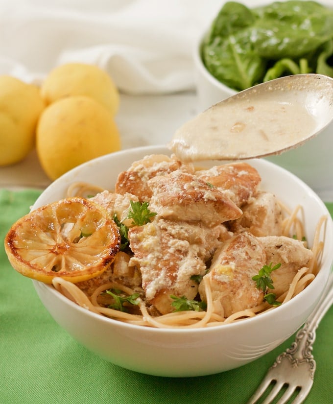 Creamy lemon chicken and pasta with a light but luscious goat cheese sauce | FamilyFoodontheTable.com