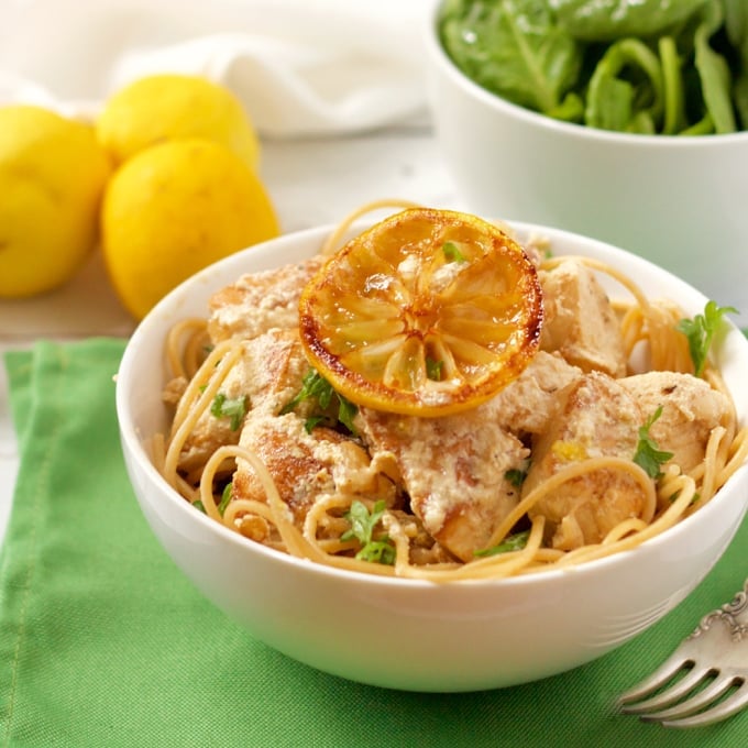 Creamy lemon chicken spaghetti has a light but luscious goat cheese sauce | FamilyFoodontheTable.com