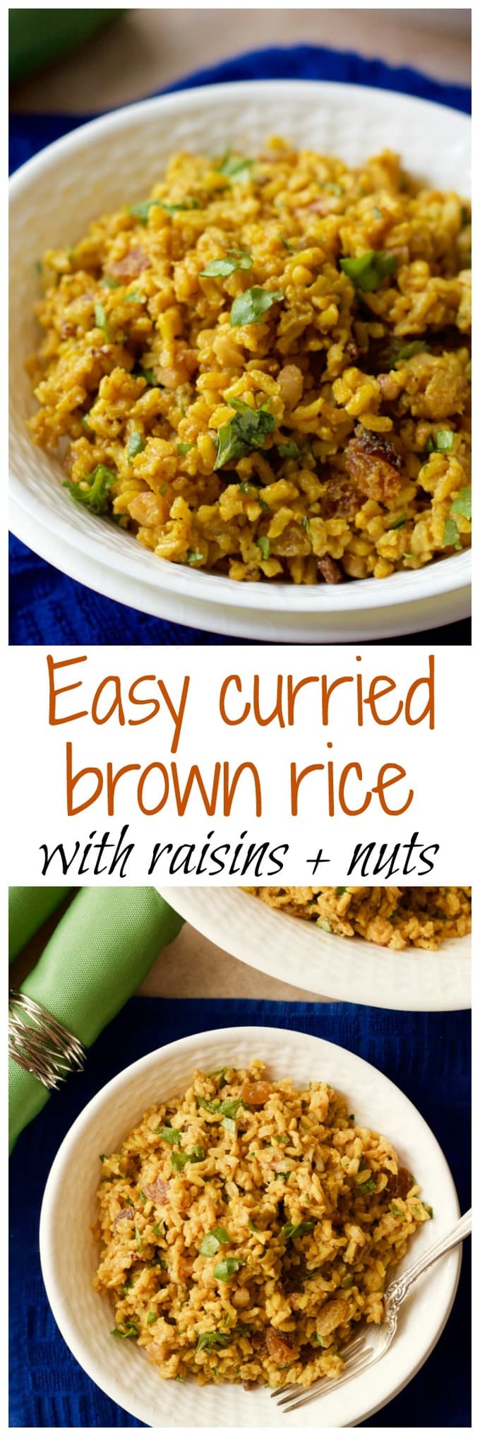 Curried brown rice salad photos in a collage with a text box in the middle