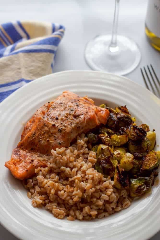 Balsamic salmon, farro and Brussels sprouts - a 30-minute weeknight dinner! | FamilyFoodontheTable.com