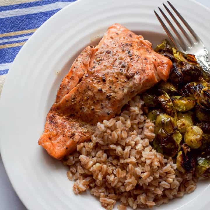 Balsamic salmon, farro and Brussels sprouts - a 30-minute weeknight dinner full of superfoods! | FamilyFoodontheTable.com
