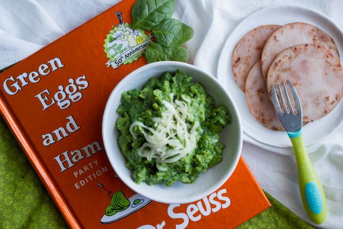 Green eggs and ham breakfast, made naturally green with spinach (not food coloring) | FamilyFoodontheTable.com