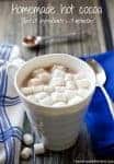 A white coffee cup with homemade hot chocolate topped with mini marshmallows with a spoon to the side.