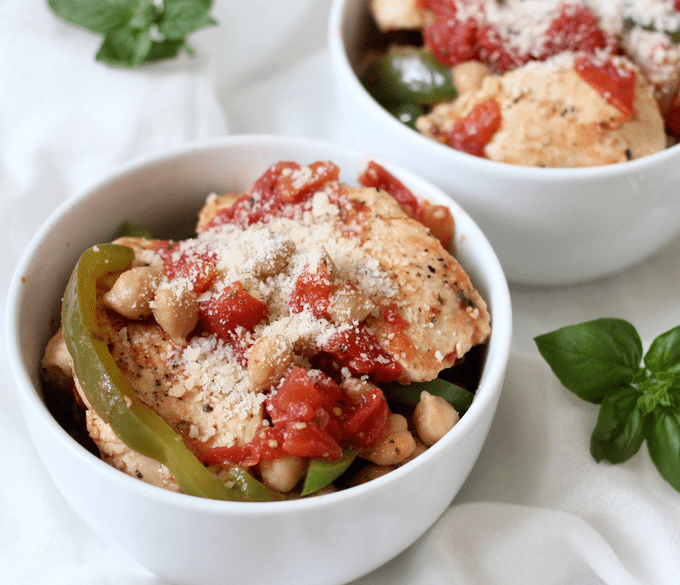 A 30-minute one-pot Italian chicken skillet with chickpeas, tomatoes and peppers - great weeknight dinner! | FamilyFoodontheTable.com