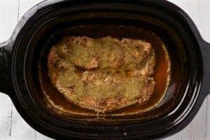 Pork in the slow cooker with salsa verde on top