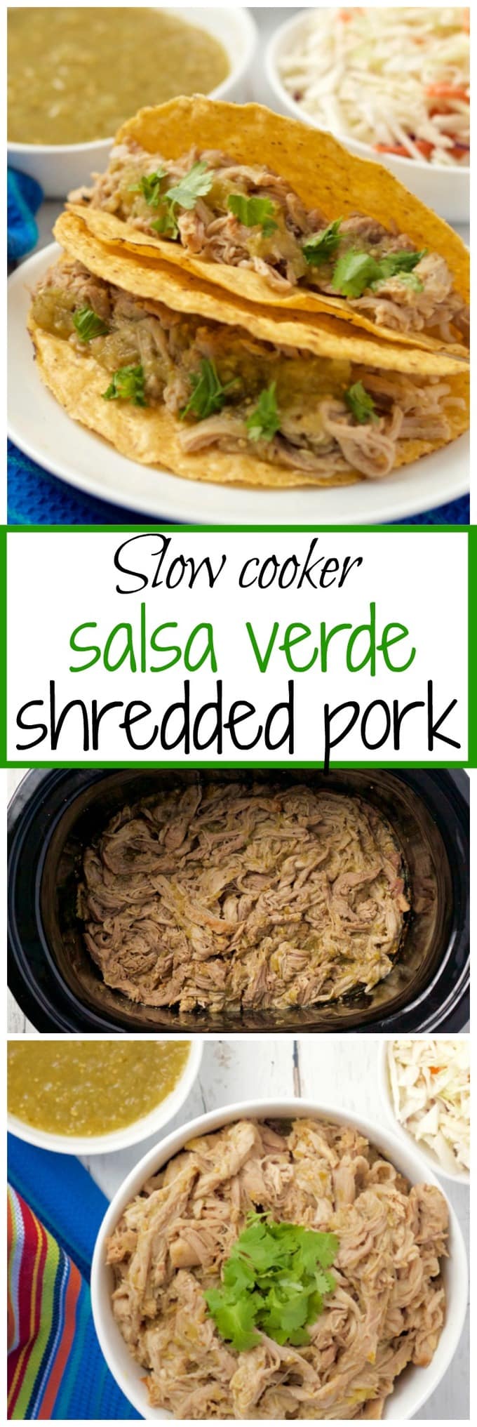 Slow cooker salsa verde shredded pork is great for tacos, rice bowls, quesadilla and nachos! #slowcooker #crockpot #porkrecipes #porktacos