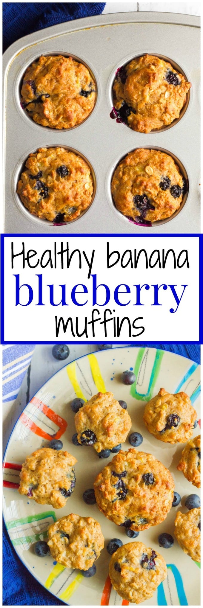 Blueberry banana muffin photo collage with a text box in the middle