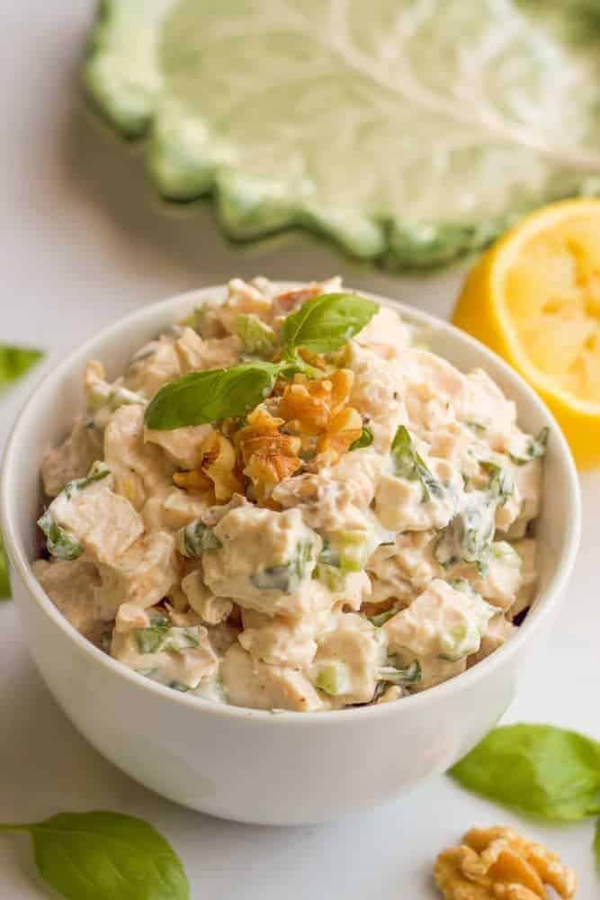 Healthy basil chicken salad with fresh basil and chopped walnuts - makes an easy lunch! | FamilyFoodontheTable.com