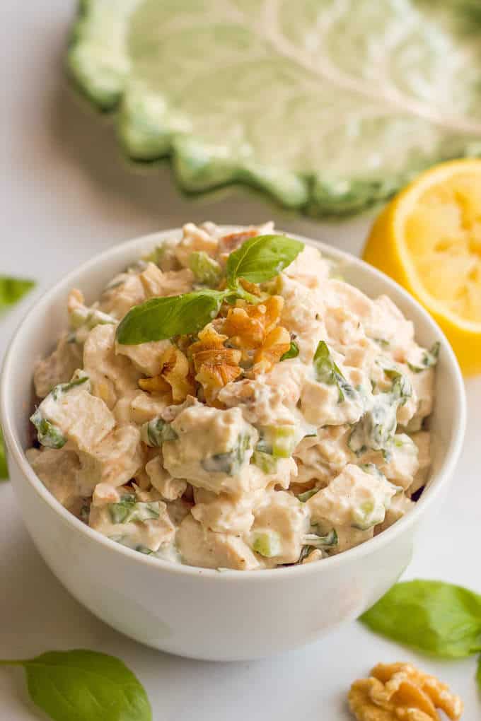 Healthy chicken salad with fresh basil and chopped walnuts - makes an easy lunch! | FamilyFoodontheTable.com