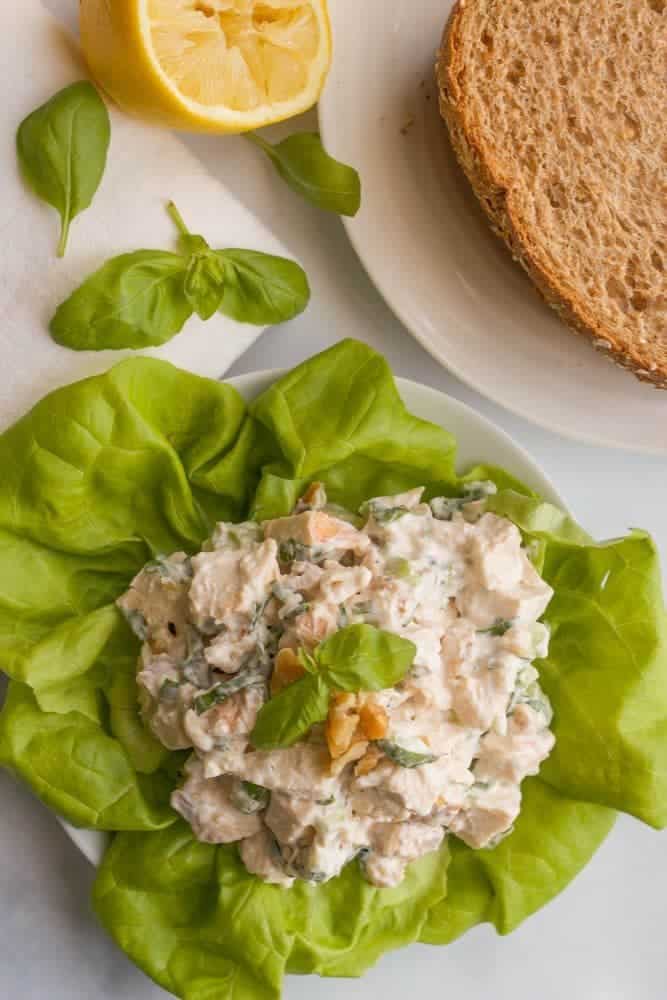 Healthy chicken salad with fresh basil and chopped walnuts | FamilyFoodontheTable.com