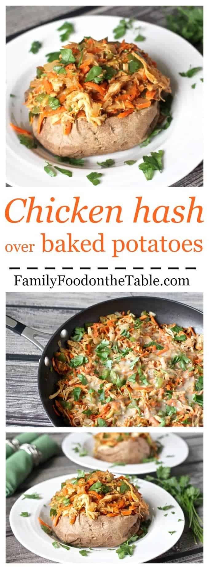 A quick and easy version of chicken hash served over fluffy potatoes with a fast gravy. So comforting!