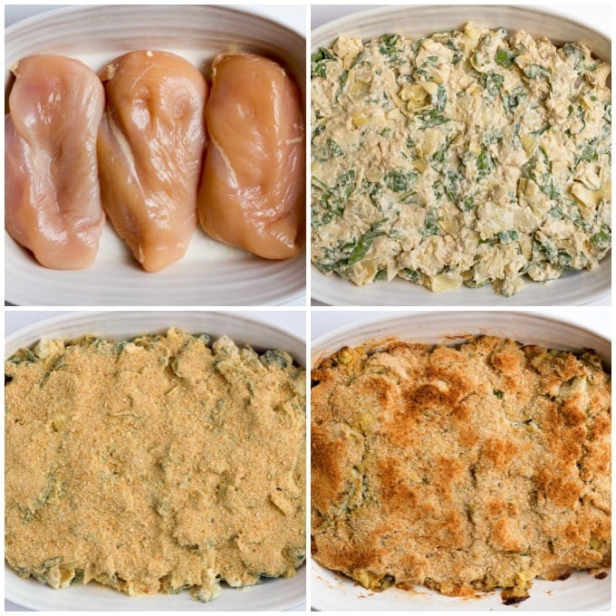 A collage of different stages of building a creamy spinach chicken casserole