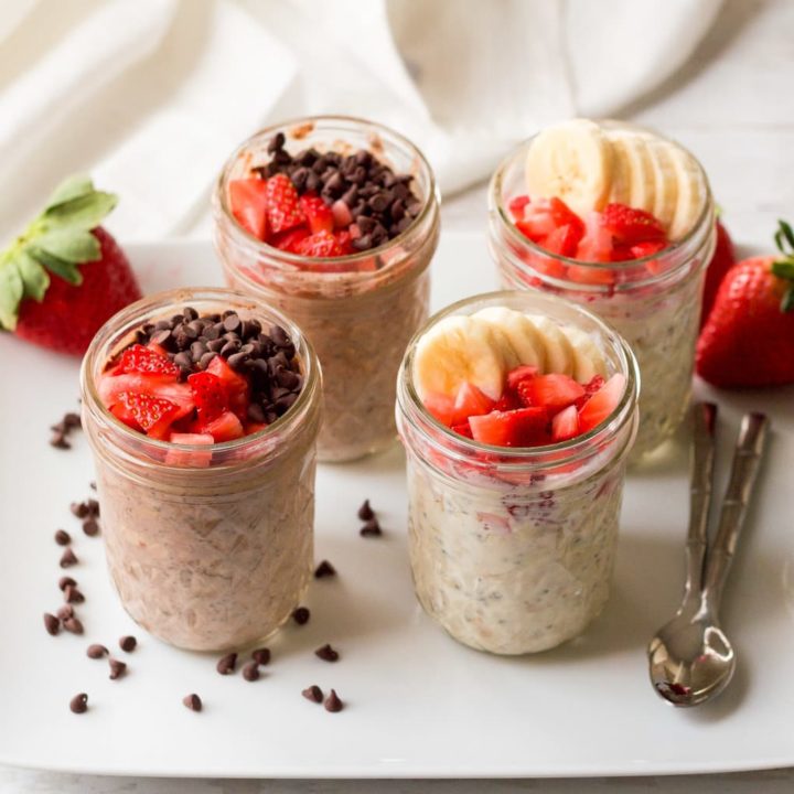 Two varieties of strawberry overnight oatmeal jars for an easy, healthy, make-ahead breakfast! | FamilyFoodontheTable.com