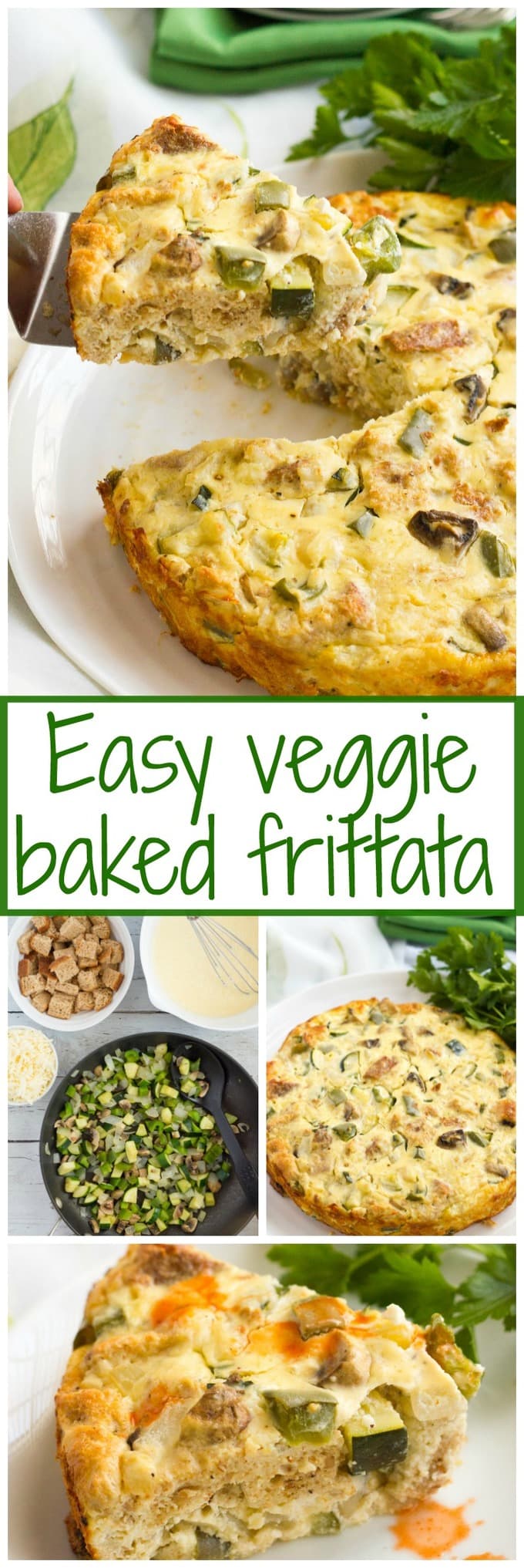 Vegetable frittata photo collage with a text box in the middle