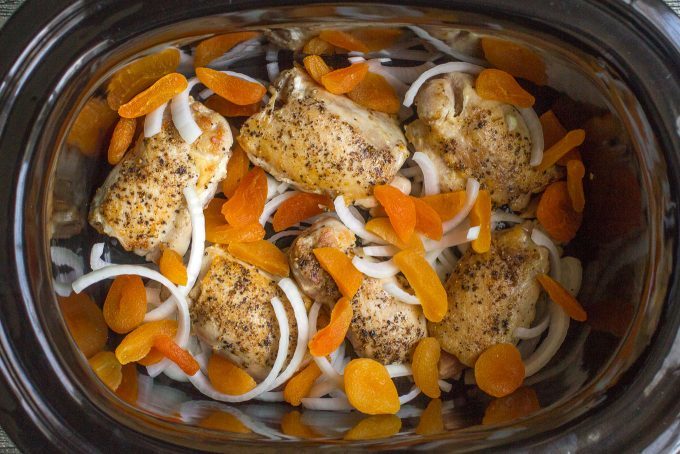 Crock pot apricot chicken is an easy recipe using chicken thighs and dried apricots for a delicious dinner with big, fresh flavor and an intoxicating aroma - your house will smell amazing! #apricotchicken #slowcookerchicken #easychickendinner | www.familyfoodonthetable.com