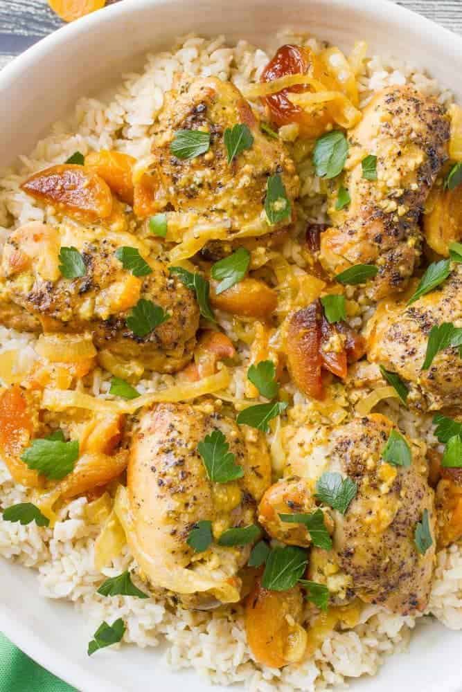 Slow cooker apricot chicken is an easy recipe using chicken thighs and dried apricots for a delicious dinner with big, fresh flavor and an intoxicating aroma - your house will smell amazing! #apricotchicken #slowcookerchicken #easychickendinner | www.familyfoodonthetable.com