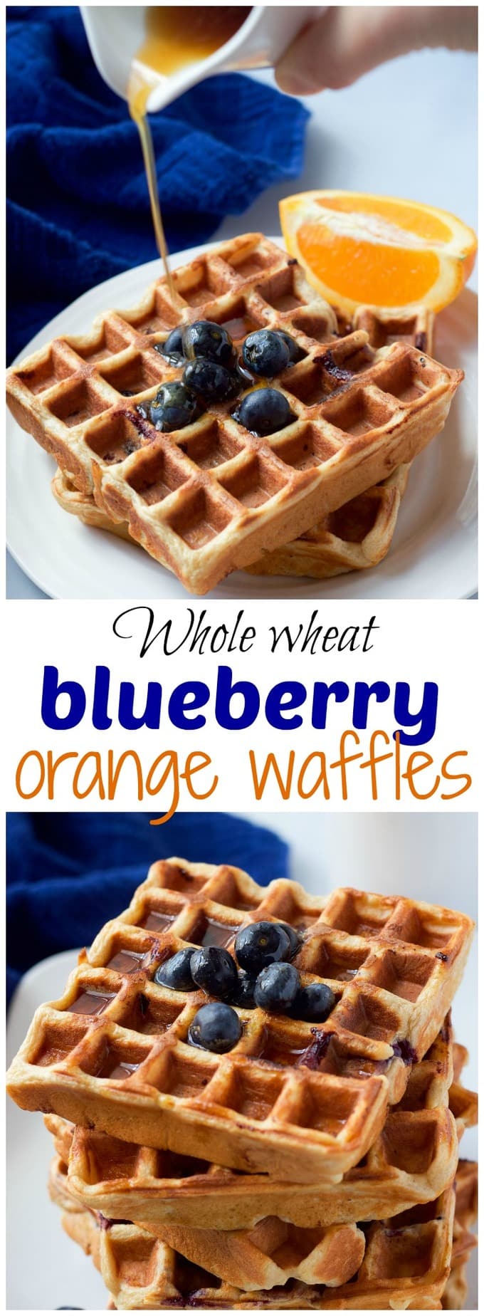 Collage of blueberry orange waffles with a text box in the middle