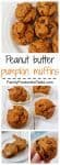 Whole wheat, naturally sweetened peanut butter pumpkin muffins, with optional chocolate chips - great kids snack or school lunch!