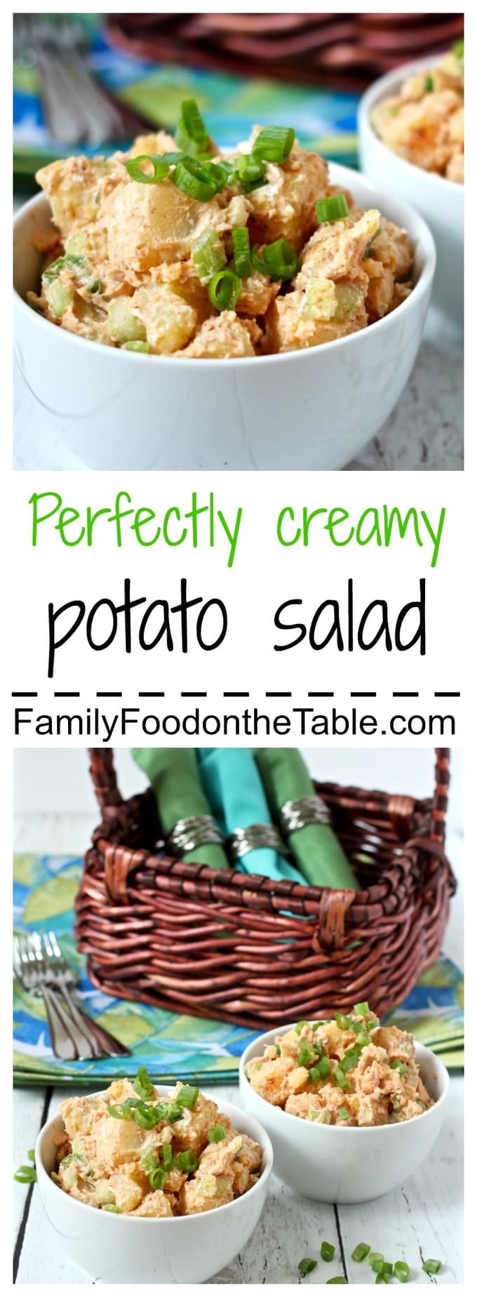 This potato salad is perfectly creamy, and lightened up using half Greek yogurt! | FamilyFoodontheTable.com