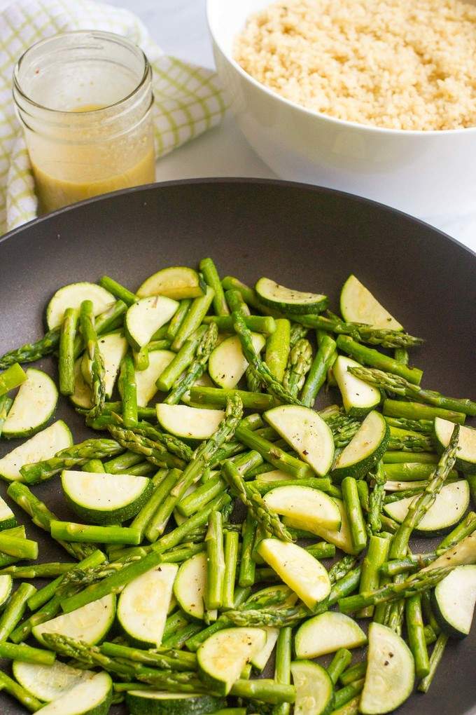 Quinoa asparagus salad with zucchini and a tangy mustard vinaigrette