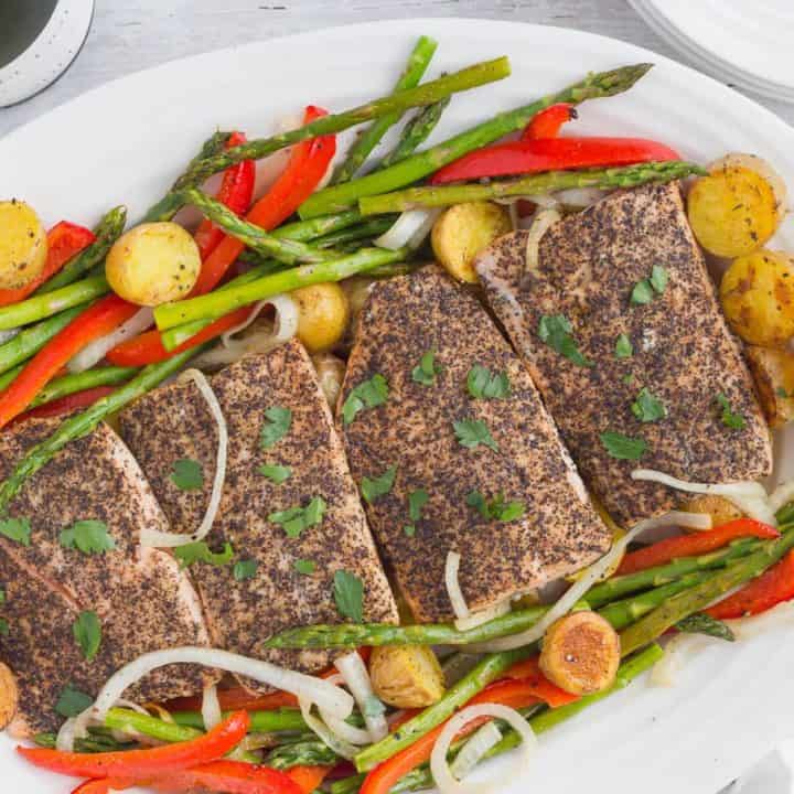 An easy roasted salmon dinner with baby potatoes and asparagus | FamilyFoodontheTable.com