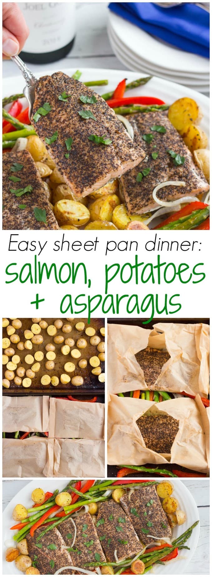 Salmon, potatoes and asparagus sheet pan dinner photos with a text box in the middle