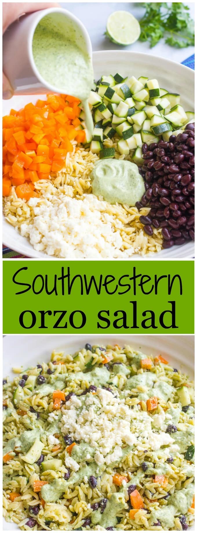 Southwestern orzo salad photo collage with a text box in the middle
