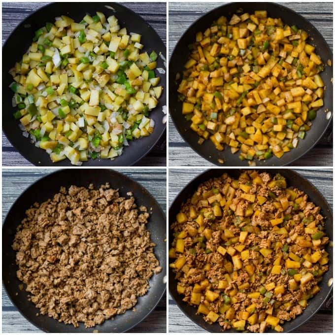 Stages of cooking ground turkey and potatoes skillet with taco seasoning