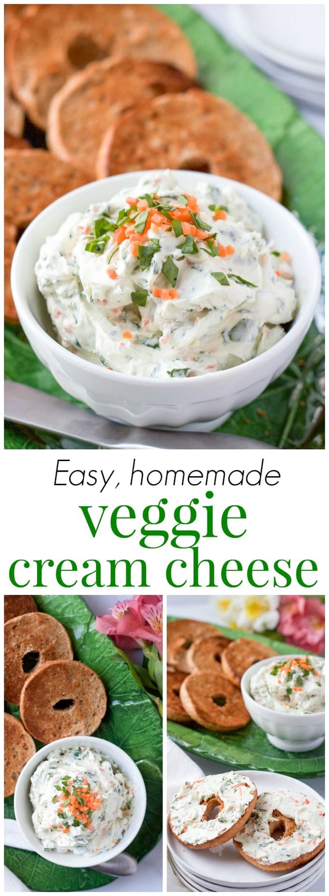 A collage of photos featuring homemade veggie cream cheese with a text box in the middle