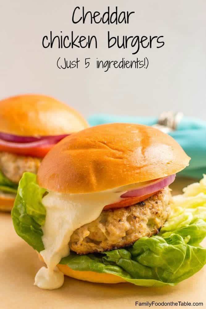 5-ingredient cheddar chicken burgers are BIG on flavor and take just 20 minutes! They're perfect for a quick weeknight dinner! #chickenburgers #groundchicken #chickenrecipes #dinnerideas