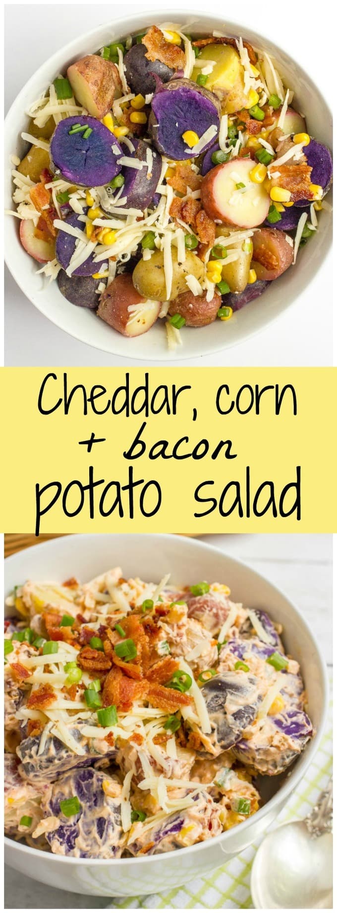 Cheddar corn and bacon potato salad with red, white and 'blue' potatoes is a great side dish for summer BBQs, cookouts, picnics and parties!