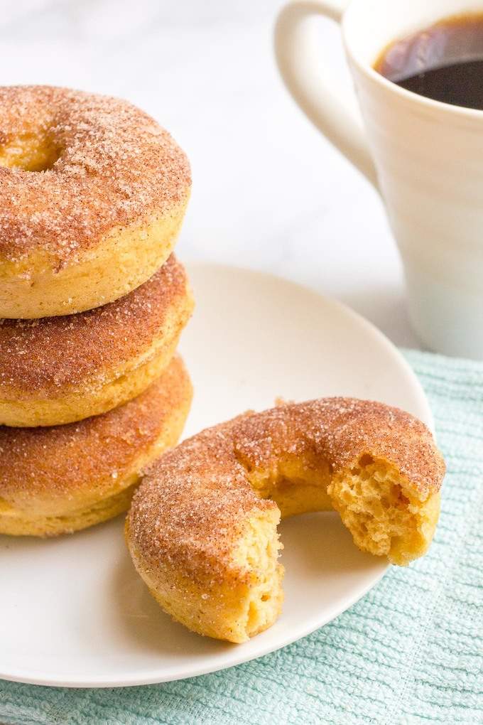 A cinnamon sugar coated donut with a bite taken out resting beside a stack of donuts on a white plat.e