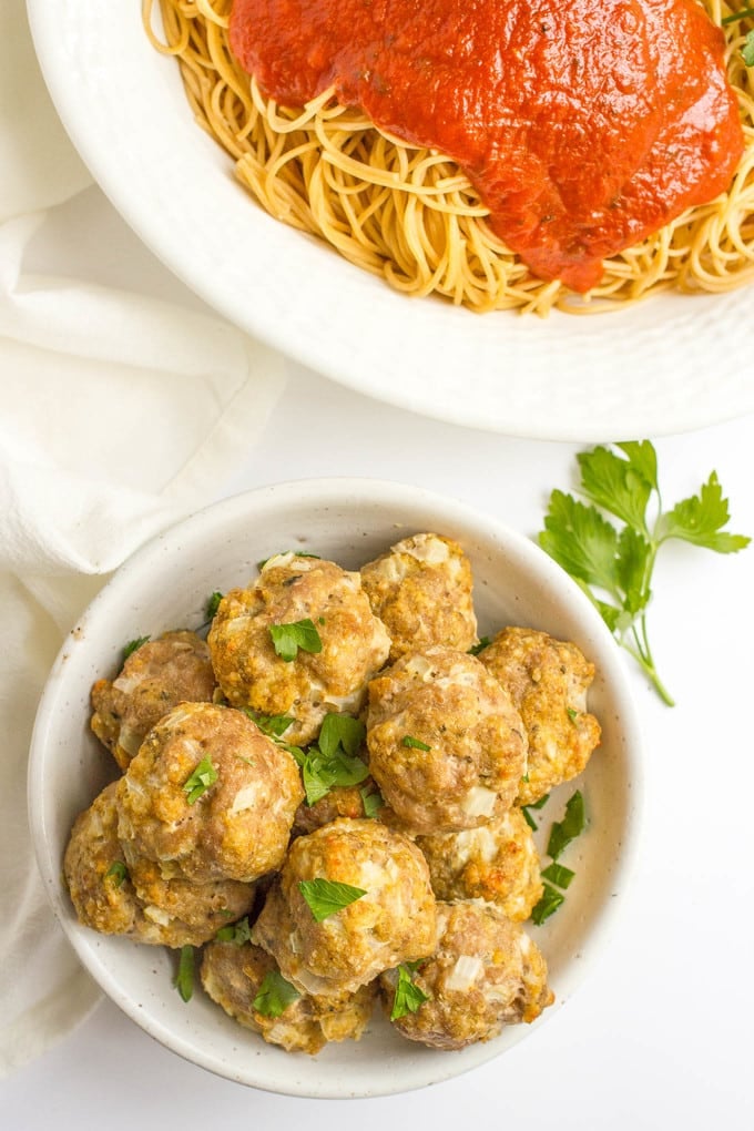 Easy homemade baked turkey meatballs pair perfectly with spaghetti or can be served as an appetizer or frozen for later!