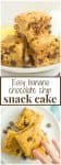 A collage of photos of a banana chocolate chip snack cake served on a white plate.