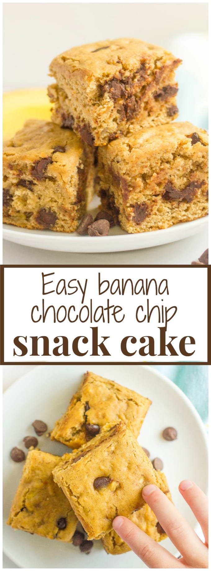 This easy banana chocolate chip snack cake is fluffy, moist and full of chocolate chips! It's whole wheat and naturally sweetened and makes a great sweet treat any time of day! #banana #snack #healthysnack #kids #cake