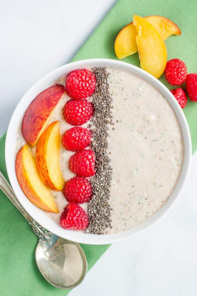 Peach, raspberry and spinach smoothie bowl -- a quick, easy, healthy breakfast or snack, especially for kids!