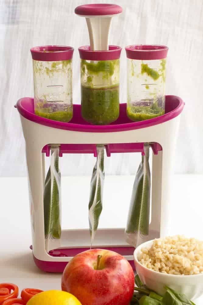 Infantino system in use to make baby food squeezies