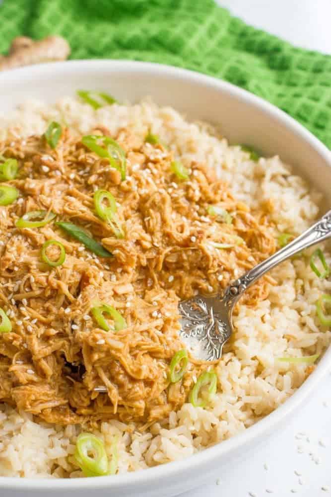 Shredded teriyaki chicken piled onto some fluffy rice with green onions and a spoon resting in the bowl