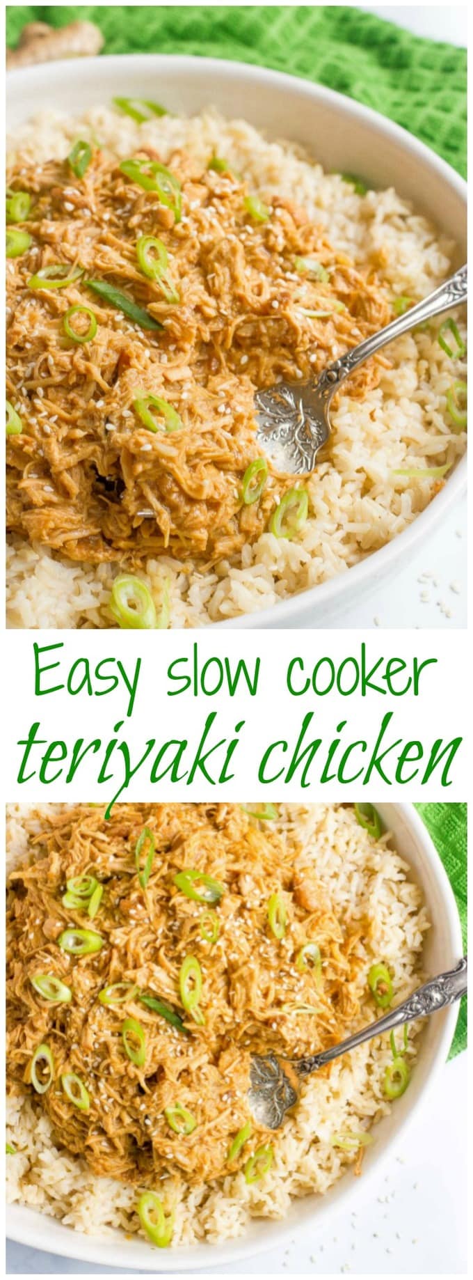 Slow cooker teriyaki chicken photos stacked with a text box in between