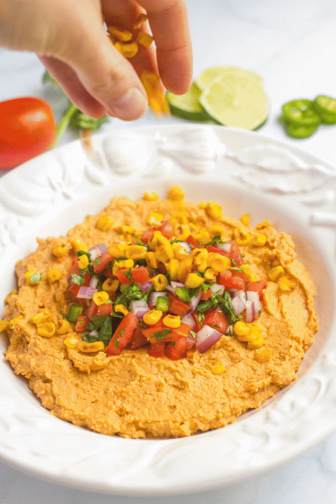 Southwestern hummus with pico de gallo and charred corn - an easy, healthy appetizer!