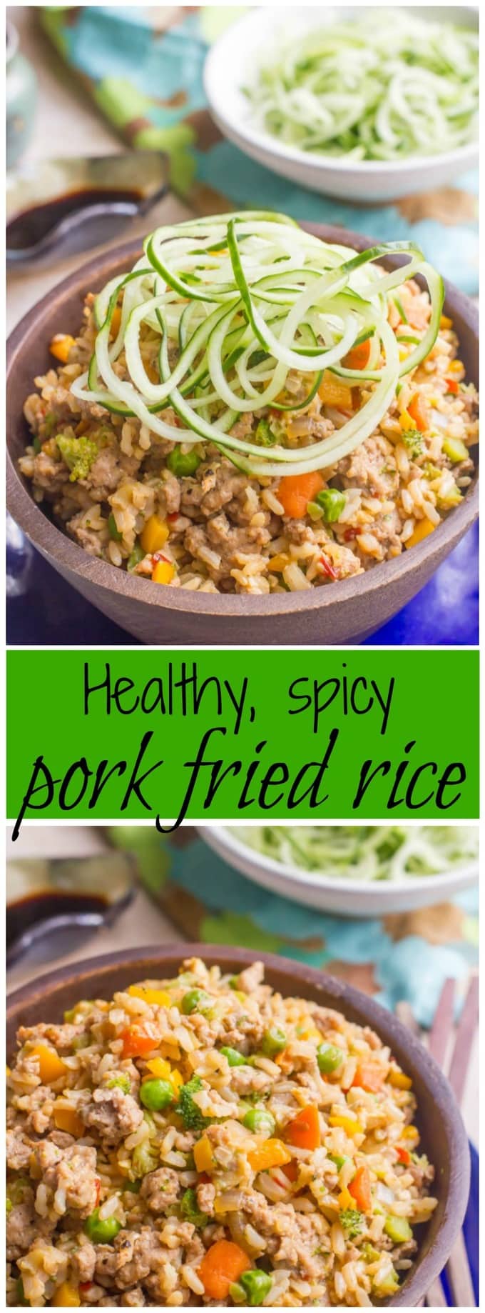A collage of photos of spicy pork fried rice with a text box