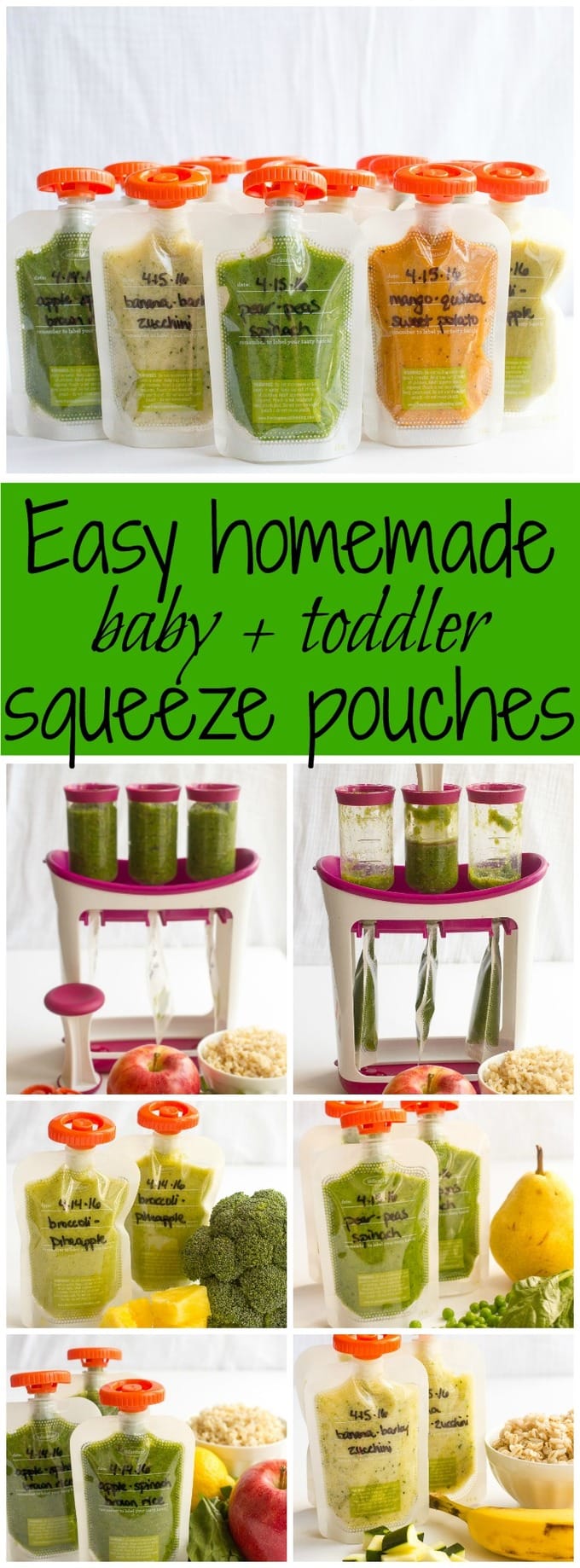 How to make homemade squeeze pouches and 5 easy recipes - great for babies, toddlers and preschool kids! | FamilyFoodontheTable.com