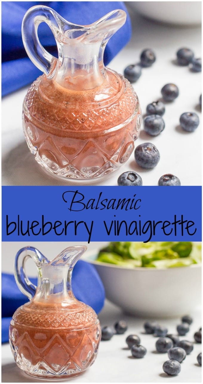 Two images of a balsamic blueberry vinaigrette with fresh blueberries to the side and a blue text block in the middle of the photos