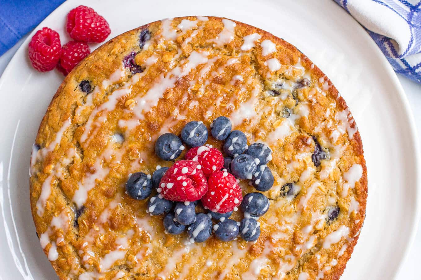 Blueberry cake with an easy lemon glaze - a healthy whole grain dessert with no butter or oil!
