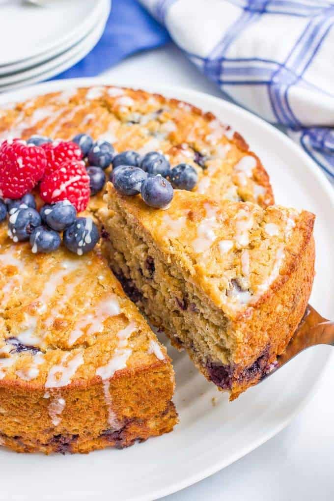 Blueberry cake with an easy lemon glaze - a healthy whole grain dessert with no butter or oil!