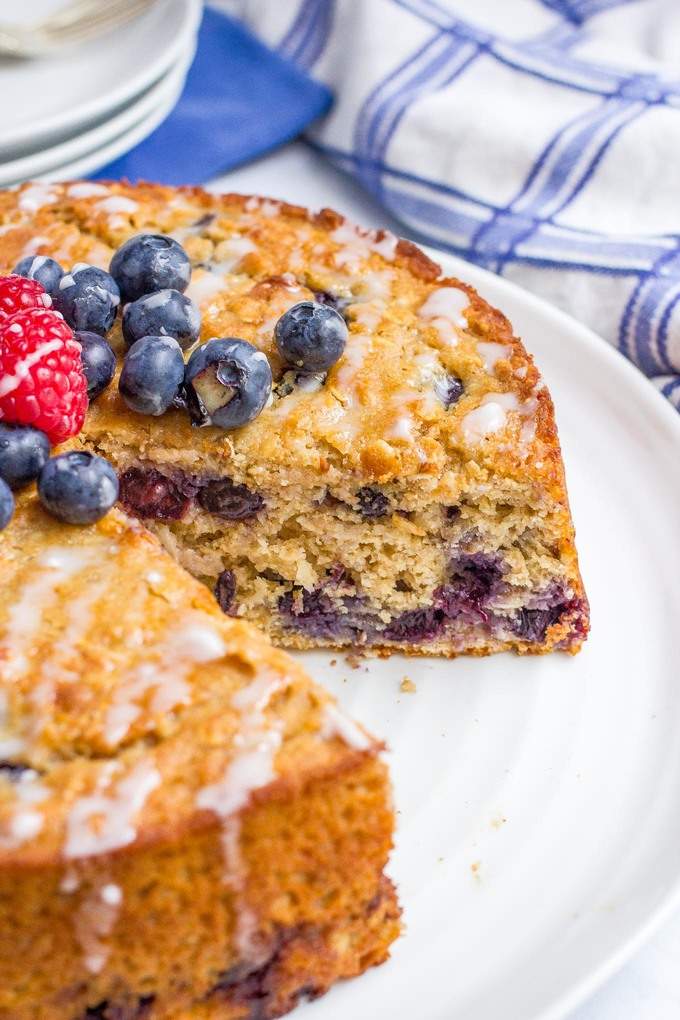 Blueberry cake with an easy lemon glaze - a healthy whole grain dessert with no butter or oil!