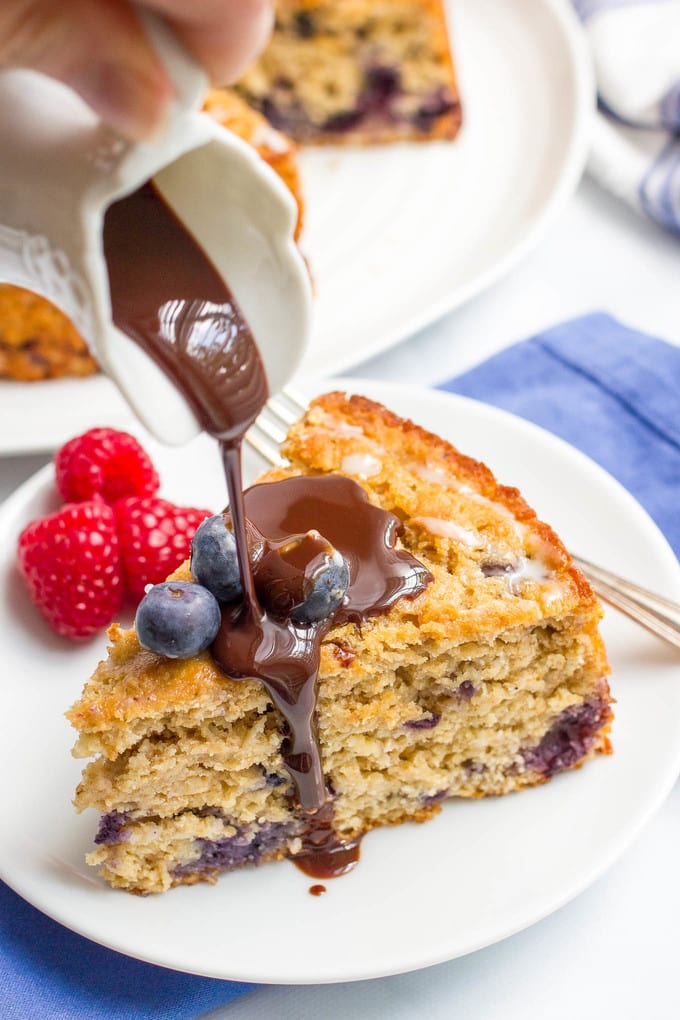 Blueberry cake with chocolate sauce - a decadent topping to a healthy dessert!